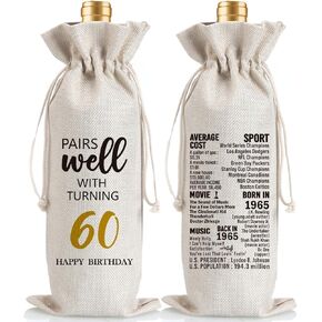 60th Birthday Gift Ideas for Women Men, 60 Years Old Birthday Party Decoration Wine Bag Gifts, Happy 60th Birthday Decor, Pairs Well with Turning 60, 1965 Wine Bag