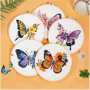 Huacan Embroidery Kits for Adults Beginner Stamped Butterfly Pattern 4 Pcs DIY Cross Stitch Flower Stitching Sewing Kit 7.9 x 7.9 Inch
