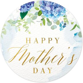 Mobiusea Creation Blue Floral Mothers Day Stickers | 135 حزمة | 1.4 بوصة | رقائق الذهب | ملصقات عيد أم سعيد | تسميات عيد أم سعيد