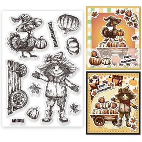 خريف عيد الشكر ختم واضحة لبطاقة DIY Craft Making 10 PCS 2024 Autumn Harvest Pumpkins Scarcrow Farmhouse Turkey Clear Stamps for Scrapbooking Armosing Decor