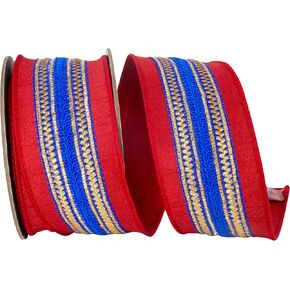 Reliant Ribbon Regal Stripe Red Trimming Dupioni Deluxe Wired Edge, Red/Blue, 2-1/2 Inch, 5 Yards