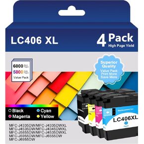 LC406 LC406XL Ink Cartridges for Brother Printer LC406 LC406XL Compatible with Brother MFC-J4335DW MFC-J5855DW MFC-J6555DW MFC-J4535DW MFC-J6955DW MFC-J4345DW MFC-J5955DW (B/C/Y/M) 4Pack