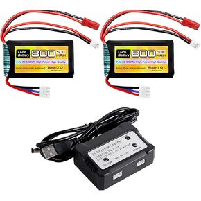 Sea Jump 2PCS 7.4V Lipo 2S 50C 800MAH مع قابس JST و PH2.0 مع شاحن 2IN1 لبطارية CAR SCX24 RC ، متوافقة مع معظم 1/10 ، 1/16 ، 1/18 ، 1/24 مقياس RC CAR و TRACK و RC DRONE بطاريات RC و RC DRONE