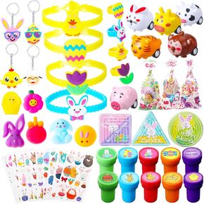 Threan 108 PCS Easter Egg Fulers for Kids Party Favors Easter Baskets Stuffs Bunny Egg Bracelets Stampers Stampers Higains To Toys For Classroom Award Bize Egg Hunt Supplies