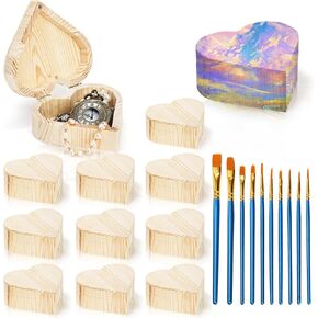 ACSHIO 12 Pack صندوق قلب الخشب غير المكتمل ، صندوق الكنز DIY غير المصقول مع 10 أجهزة كمبيوتر فرش الطلاء ، صندوق مجوهرات مربع تخزين على شكل قلب خشبي مع غطاء لصنع الطلاء الفني