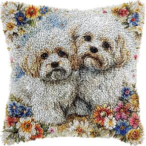 Two White Maltese Dogs in Flower Latch Hook Pillow Kits Color Printed Cushion Crochet Yarn Needlework DIY Hook Latch Kit Pillowcase Rug Cover Home Sofa Christmas Decor 43x43cm(2)