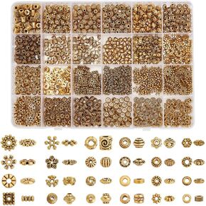 PH Pandahall 1200pcs حبات الفواصل الذهبية العتيقة ، 24 أنماط تبتي زهرة مربع Snowflake Rondelle حبات السبائك حبات فضفاض