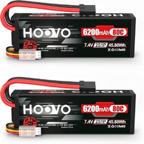 HOOVO 7.4V 80C 6200mAh 2S Lipo Battery Hard Case with Tracxas Plug for RC Car Truck Truggy Buggy Tank RC Airplane Helicopter Boat Car Racing (2 Pack)