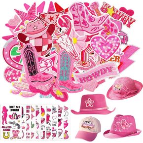 47 Pcs Western Iron On Patches for Hats and 10 Sheets Cowgirl Temporary Tattoos with 78 Styles, Embroidery Patches for Backpacks Clothing Jackets Cowgirl Decorations Party Rodeo Theme Favors