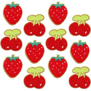 12 PCS STRAWBERRY PATCES ON ، تصحيحات الكرز تصحيح الفراولة الحديد كرز الحديد على التصحيح مع الحدود الذهبية الحدود الفاكهة اللطيفة على بقع للقمصان جينز القبعات على ظهر الظهر