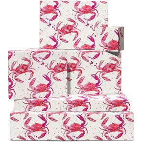 Central 23 Girls Wrappe Paper - 6 صفائح من غلاف الهدايا - سرطان البحر الوردي - المحيط حيوان - ورقة تغليف بيضاء لعيد الميلاد ، الذكرى ، كل مناسبة - مع ملصقات