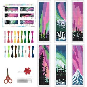 BEUNITONE 6 PCS AURORA CROSS BOODMARK KIT للمبتدئين البالغين DIY مختومة المبتدئين مع تعليمات MINI تطريز المرجعية مجموعة مرجعية Cross Cross Fundark for Gifts 2.4x7.9 in