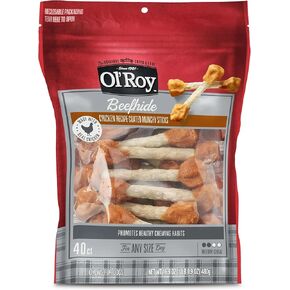 Beefhide Coated Munchy Sticks Chicken Recipe 40 Count 16.9 oz Long Lasting Chews for Dogs Made with Real Chicken Promotes Healthy Chewing Medium Chew Level for Freshness for All Dog Breeds by Ol-Roy