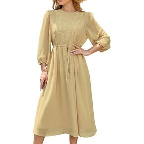 Women's Casual 3/4 Sleeve Fall Floral-Embroidered Long Dress Crew Neck Flowy Swing Dress with Pockets