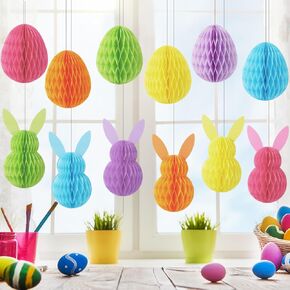 12pcs عيد الفصح عسل العسل معلقة الديكور الباستيل البيض الأرنب ثلاثي الأبعاد ورقة العسل الكرة المركزية ملونة زخرفة شجرة الأرنب لحفل الربيع الداخلي ديكور في الهواء الطلق