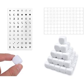 16 mm Blank Dice Write On Bulk of 55 Pieces White Rouned Six Sided for Custom, DIY Math Dice, Board Games, Teaching with 60 Styles Stickers, Including Left, Right, Food Decisions, etc.