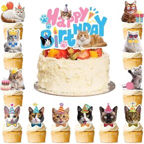 قبعات Cat Cake Toppers ، 24 PCS Cat Cupcake Topcake Topcake Histten موضوع كب كيك توبيبر + 1 أجهزة كمبيوتر مثقلة كعكة عيد ميلاد كاتاكة القطة للقطار ديكورات عيد ميلاد القط وديكورات الحفلات القط