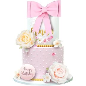 9 PCS Pink Bow Cake Toppers Eversize Bow Flower Cake Decoration for Pink Girls Princess Birthday Party Supplies Cake Cake Decoration