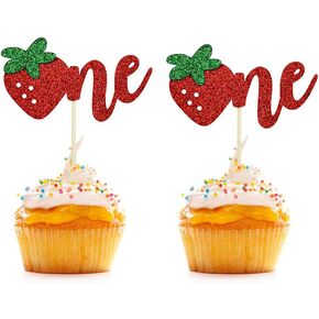 24pack Strawberry One Cupcake Toppers ، يختار Glitter لعيد ميلاد واحد عمره 1 عامًا لوازم زخارف حفل الذكرى السنوية الأولى