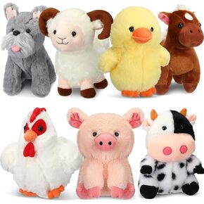 Hiboom 7 Pack Farm Stuffed Plush Animals Toys Set 8 Inch Barnyard Stuffed Animals Bulk Soft Pig Rooster Horse Duck Sheep Cow Dog Toy Gifts for Birthday Party Favor Supplies