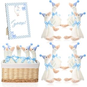 One Silly Goose 1st Birthday Decoration 8 Sets 11.8 Inch Soft Goose Stuffed Animal Birthday Hat with Wood Table Decor(Sky Blue)