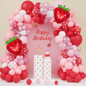 iddy Life Strawberry Balloon Garland Arch Kit ، 171pcs formberry Party Decoration Red Pink Polka Dot Balloons Foil Foil for Sweet Girl Baby Shower Berry First Fruit Supplies Supplies