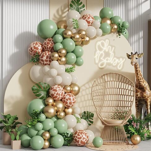 Jungle Safari Balloon Garland Arch Kit 135pcs Sage Green and White Sand Giraffe Print Print Plonons for Woodland Baby Shower Wild One Boys First Party Party Decoration in Kuwait