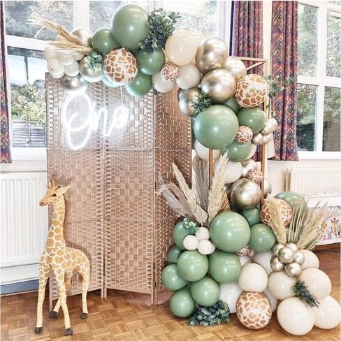 Jungle Safari Balloon Garland Arch Kit 135pcs Sage Green and White Sand Giraffe Print Print Plonons for Woodland Baby Shower Wild One Boys First Party Party Decoration in Kuwait