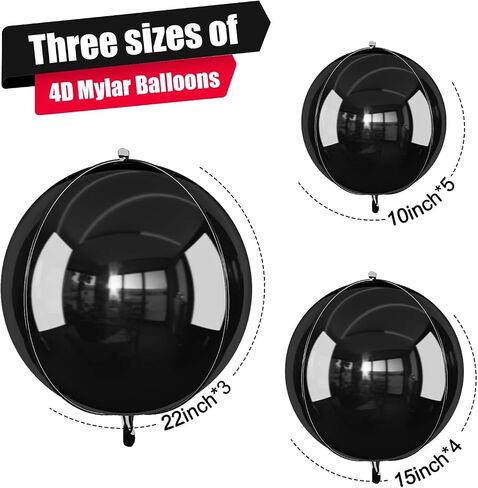 12pcs بالونات رقائق جولة سوداء ، 22 "15" 10 "4D Mylar Ball Balloons ، بالون احباط أسود معدني لتخرج عيد ميلاد عيد الميلاد ليلة رأس السنة الزخارف الحزب in Kuwait