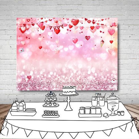 LYWYGG 8x6ft Happy Valentine's Day Photography Backdrops Love Heart Bridal Shower Wedding Party Decor Banner Newborn Baby Birthday Party Background Decor Banner Pink Glitter Backdrop cp-466-0806 in Kuwait