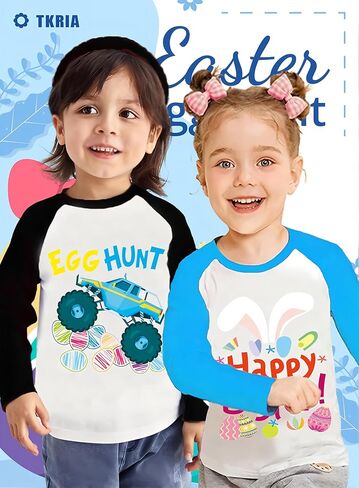 Tkria Boys Girls Easter Day Bunny Egg Hunt Shirts Raglan Long Sleeve Monster Truck Excavator Gnome Rainbow Top for Kid 2-10T in Kuwait