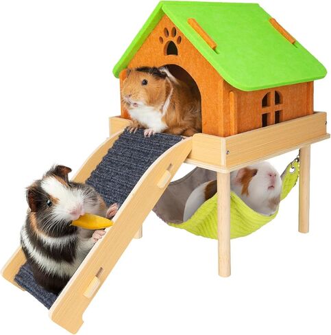 Enlarged Guinea Pig Hammock with Platform and Stairs,Wooden Small Animal Hideout for Guinea Pigs Bunny Ferret Hamster Hiding Sleeping Activities(Single) in Kuwait
