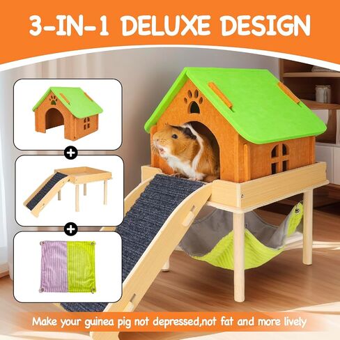 Enlarged Guinea Pig Hammock with Platform and Stairs,Wooden Small Animal Hideout for Guinea Pigs Bunny Ferret Hamster Hiding Sleeping Activities(Single) in Kuwait