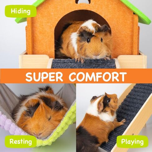 Enlarged Guinea Pig Hammock with Platform and Stairs,Wooden Small Animal Hideout for Guinea Pigs Bunny Ferret Hamster Hiding Sleeping Activities(Single) in Kuwait