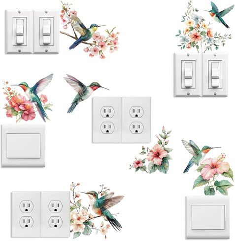 Light Switch Plate Stickers Labels Decals 6Pcs 7"x7" Hummingbird and Flower for Home House Office Kitchen Decorative, Funny Peel and Stick Light Wall Outlet Stickers for Switch Decoration in Saudi Arabia