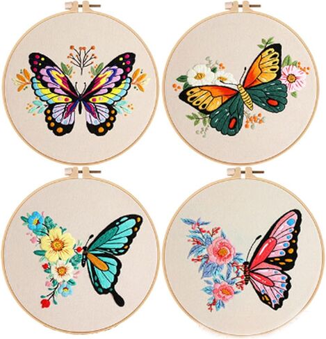 Huacan Embroidery Kits for Adults Beginner Stamped Butterfly Pattern 4 Pcs DIY Cross Stitch Flower Stitching Sewing Kit 7.9 x 7.9 Inch in Saudi Arabia