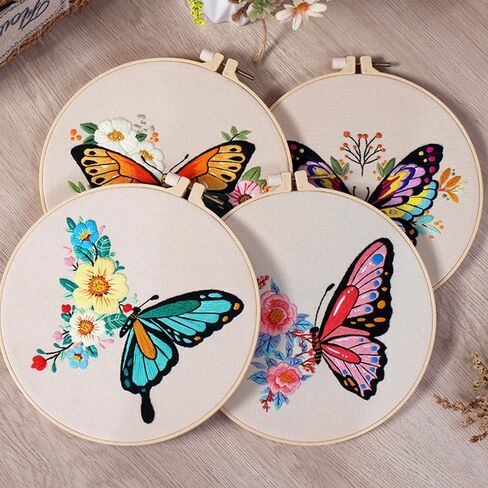 Huacan Embroidery Kits for Adults Beginner Stamped Butterfly Pattern 4 Pcs DIY Cross Stitch Flower Stitching Sewing Kit 7.9 x 7.9 Inch in Saudi Arabia