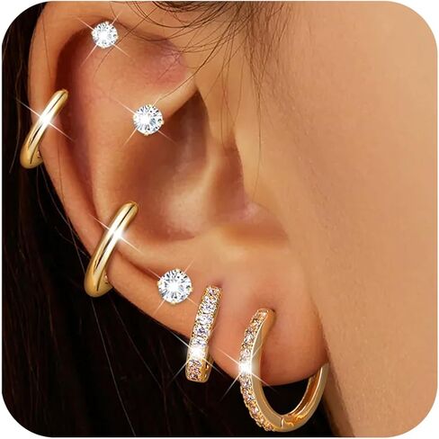 Dochais Hoop Stud Earrings for Women 7 Pairs 316L Surgical Steel Hypoallergenic Earrings Set for Multiple Piercing Non Tarnish 14k Gold Plated Cartilage Earring Silver in Kuwait