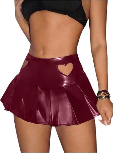 WDIRARA Women's PU Leather High Waist Skirt Heart Print Cut Out Pleated Stretchy Mini Party Skirt in Kuwait