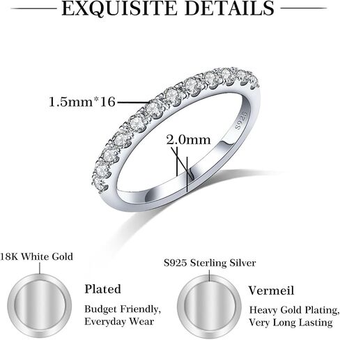 Moissanite Engagement Rings for Women,925 Sterling Silver Stackable Rings,18K White Gold Plated Lab Created Diamond Ring, Ideal Gift for Women,Band Size 3-12 (B-0.3ct（1.5mm）, 6) in Kuwait
