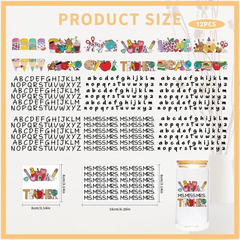Teacher UV DTF Cup Wraps - 12 Sheet Custom Name UV DTF Transfer Stickers, School UVDTF Cup Wraps for Glass, Letter Waterproof Transfer Sticker, Appreciate Gifts in Saudi Arabia
