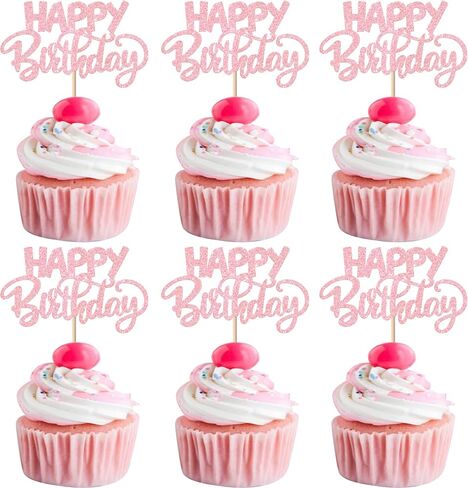 Rsstarxi 30 Pack Happy Birthday Cupcake Toppers Pink Glitter HBD Sign Theme Cupcake Picks for Boys Girls Men Women Birthday Celebration Party Cake Decorations Supplies in Saudi Arabia