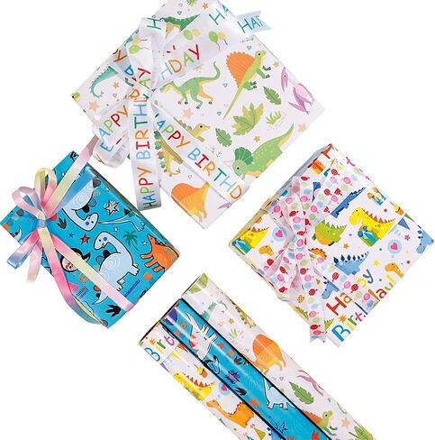 HomTop Gift Wrap Paper Rolls - 3 Rolls 17" x 120" Happy Birthday Wrapping Paper Kids Wrapping Paper Rolls Boys Girls Gift Wrap Paper Party Favor Happy Birthday Wrap (Dinosaur) in Saudi Arabia