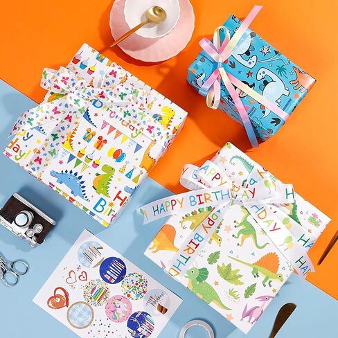 HomTop Gift Wrap Paper Rolls - 3 Rolls 17" x 120" Happy Birthday Wrapping Paper Kids Wrapping Paper Rolls Boys Girls Gift Wrap Paper Party Favor Happy Birthday Wrap (Dinosaur) in Saudi Arabia