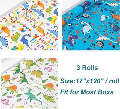 HomTop Gift Wrap Paper Rolls - 3 Rolls 17" x 120" Happy Birthday Wrapping Paper Kids Wrapping Paper Rolls Boys Girls Gift Wrap Paper Party Favor Happy Birthday Wrap (Dinosaur) in Saudi Arabia