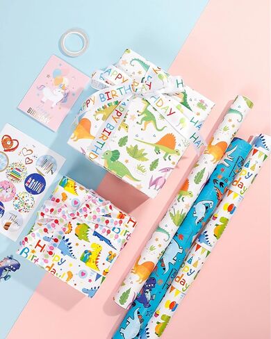 HomTop Gift Wrap Paper Rolls - 3 Rolls 17" x 120" Happy Birthday Wrapping Paper Kids Wrapping Paper Rolls Boys Girls Gift Wrap Paper Party Favor Happy Birthday Wrap (Dinosaur) in Saudi Arabia