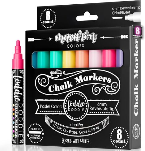 Loddie Doddie Liquid Chalk Markers for Chalkboard - 6mm Reversible Chisel and Bullet Tips, Chalkboard Markers Erasable, Macaron Pastel Chalk Pens 8 Count in Saudi Arabia