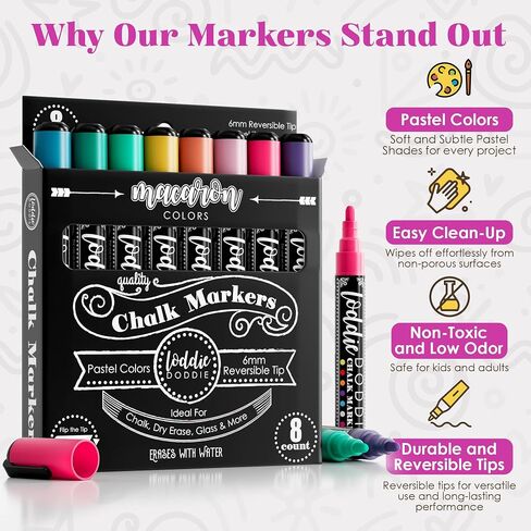 Loddie Doddie Liquid Chalk Markers for Chalkboard - 6mm Reversible Chisel and Bullet Tips, Chalkboard Markers Erasable, Macaron Pastel Chalk Pens 8 Count in Saudi Arabia