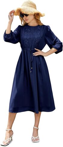 فستان نسائي كاجوال 3/4 كم خريفي، فستان طويل مطرز بالورود، رقبة دائرية، فستان متأرجح مع جيوب in Kuwait