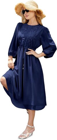 فستان نسائي كاجوال 3/4 كم خريفي، فستان طويل مطرز بالورود، رقبة دائرية، فستان متأرجح مع جيوب in Kuwait